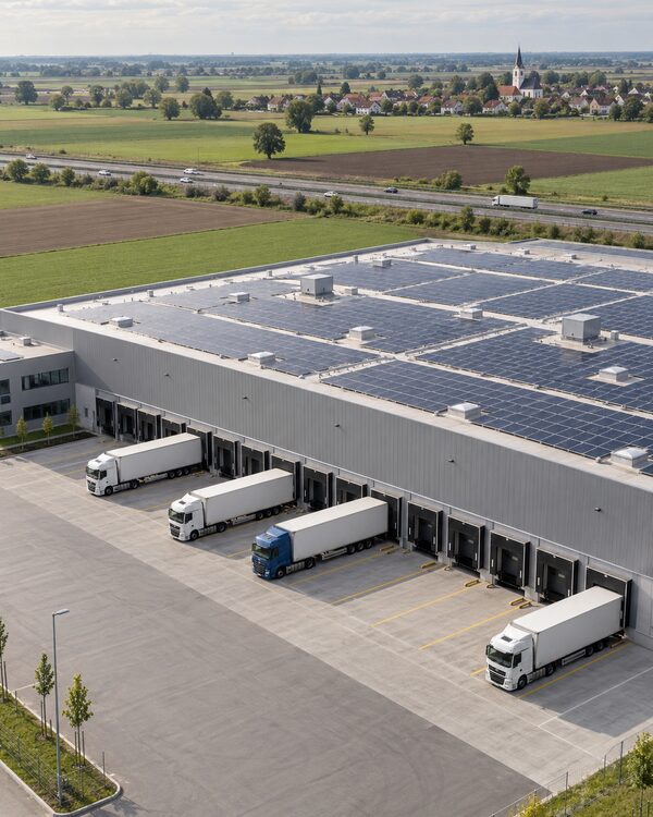Logistikzentrum mit Laderampen und Lastwagen, Photovoltaik auf dem Flachdach, dahinter Felder, Autobahn und ein Dorf