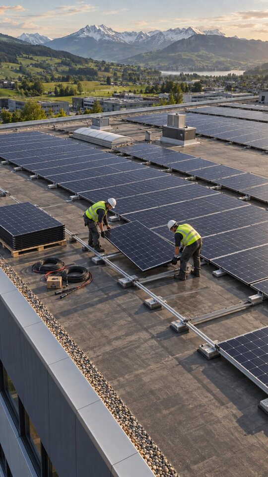 Zwei Monteure montieren Photovoltaikmodule auf dem Flachdach einer Industriehalle, dahinter Hügel und Alpen